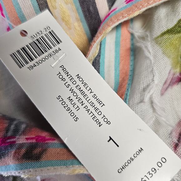 Chico's Women's Printed Embellished Floral Top Size 8 Embroidered Beaded Striped - Picture 9 of 11